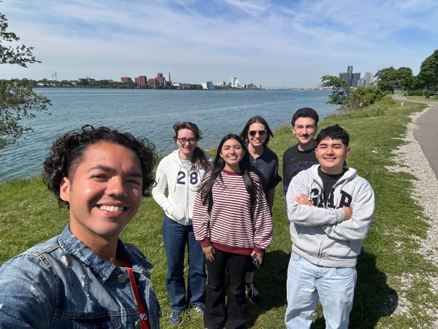 Samford whole group selfie Detroit River