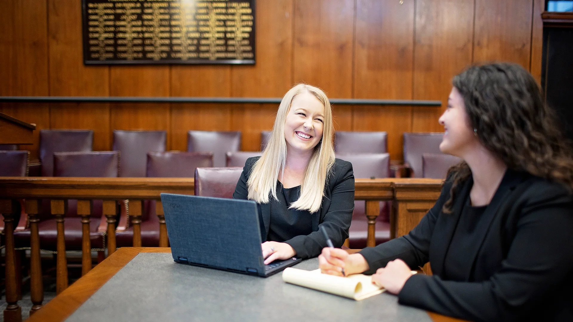 two female law students in the courtroom