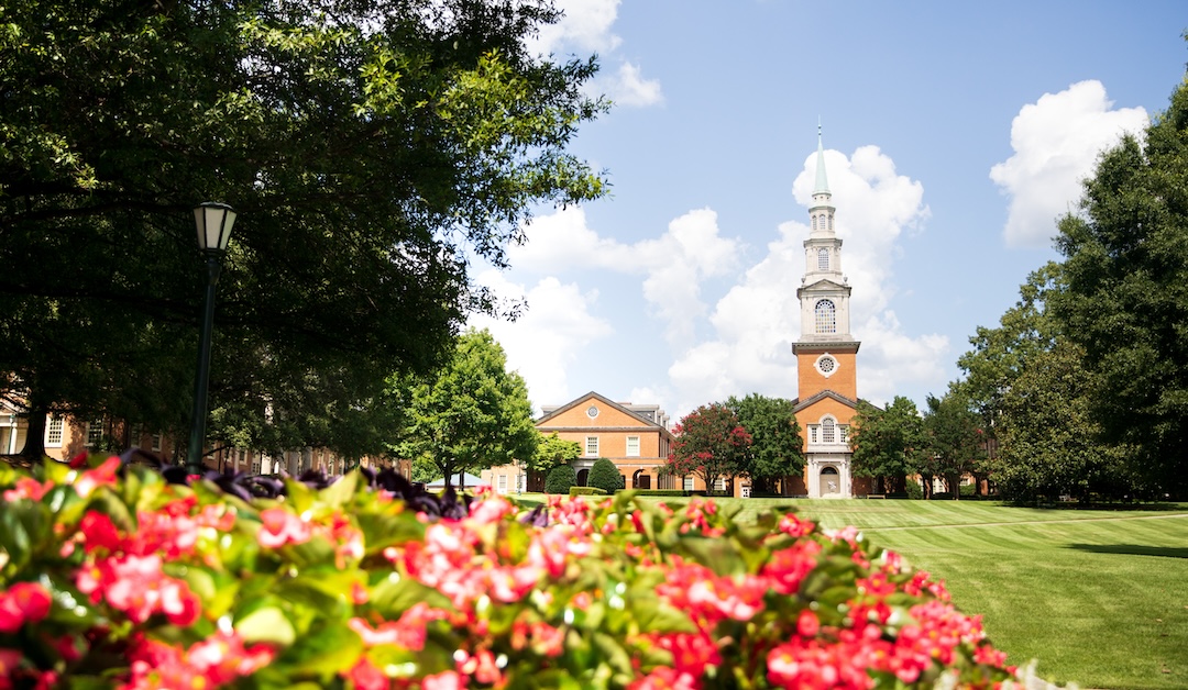 Samford quad Reid Chapel in spring